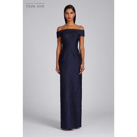 Teri Jon Rickie Freeman Navy Off Shoulder Jacquard Gown Formal Dress 6 Wedding - Picture 1 of 15